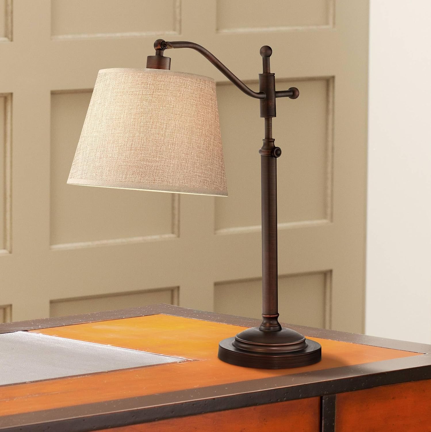 Regency Hill Adley 30 1/2' Tall Downbridge Arm Large Farmhouse Rustic Traditional Desk Lamps Set of 2 Adjustable Height Brown Bronze Finish Metal Tan Shade Home Office Living Room Bedroom Bedside