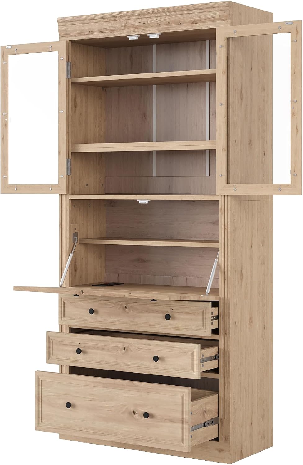 78 inch Tall Kitchen Pantry Cabinet with 3 Drawers and Adjustable Shelves, Wood Storage Cabinet with Drop-Down Surface and Glass Doors for Dining Room and Living Room (Natural//3)