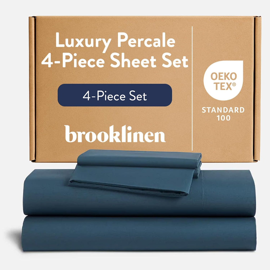 Brooklinen Luxury Percale Sheet Set - 4 Piece 100% Cotton Bed Sheets - 1 Fitted & 1 Flat Sheet, 2 Pillowcases - Cotton Percale Sheets for Hot Sleepers (Queen Size, Abyys Blue)