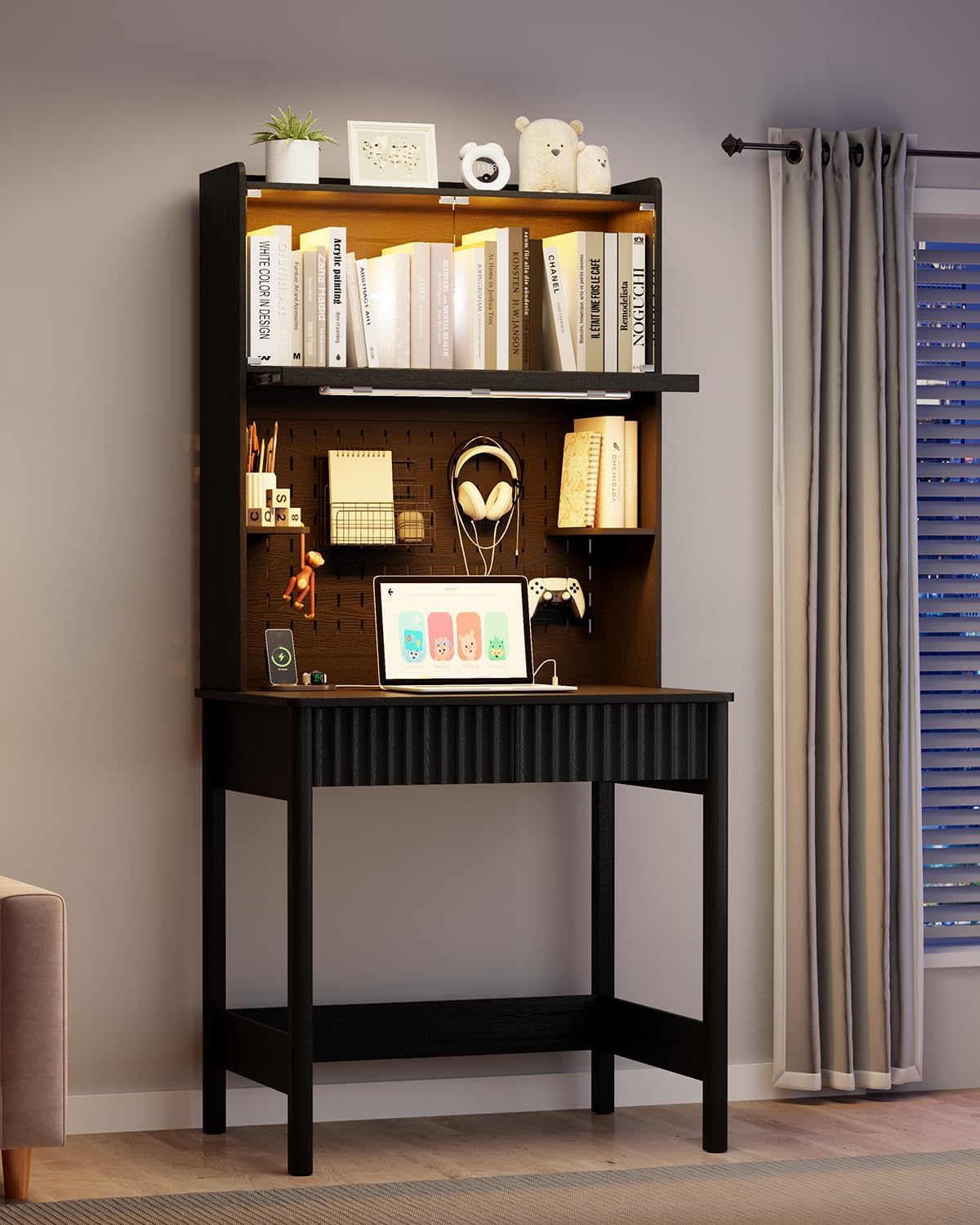 HNEBC Black Computer Desk - with Power Outlets & Chariging Station,Small Writing Desk with Hutch and Drawers,66.3''H Office Desk with Pull-Out LED Lights,Pop-up Glass Door,Pegboards,Bedroom