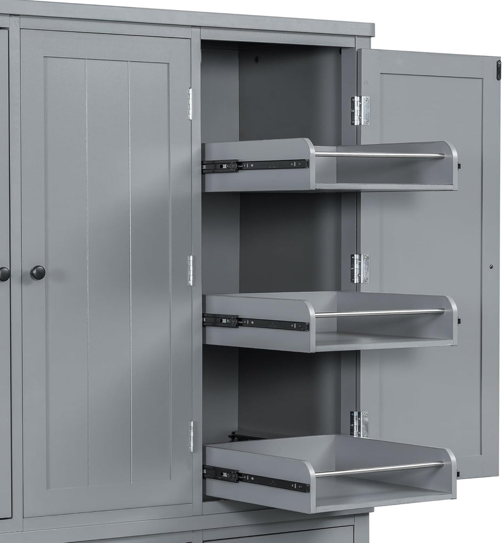 Farmhouse 74.8''H High Freestanding Kitchen Pantry, 53''Lx20''W Wooden Large Cupboard Storage Cabinet with Door Shelves, Adjustable Shelves, Pull-Out Trays and Drawers (Gray-6ds)