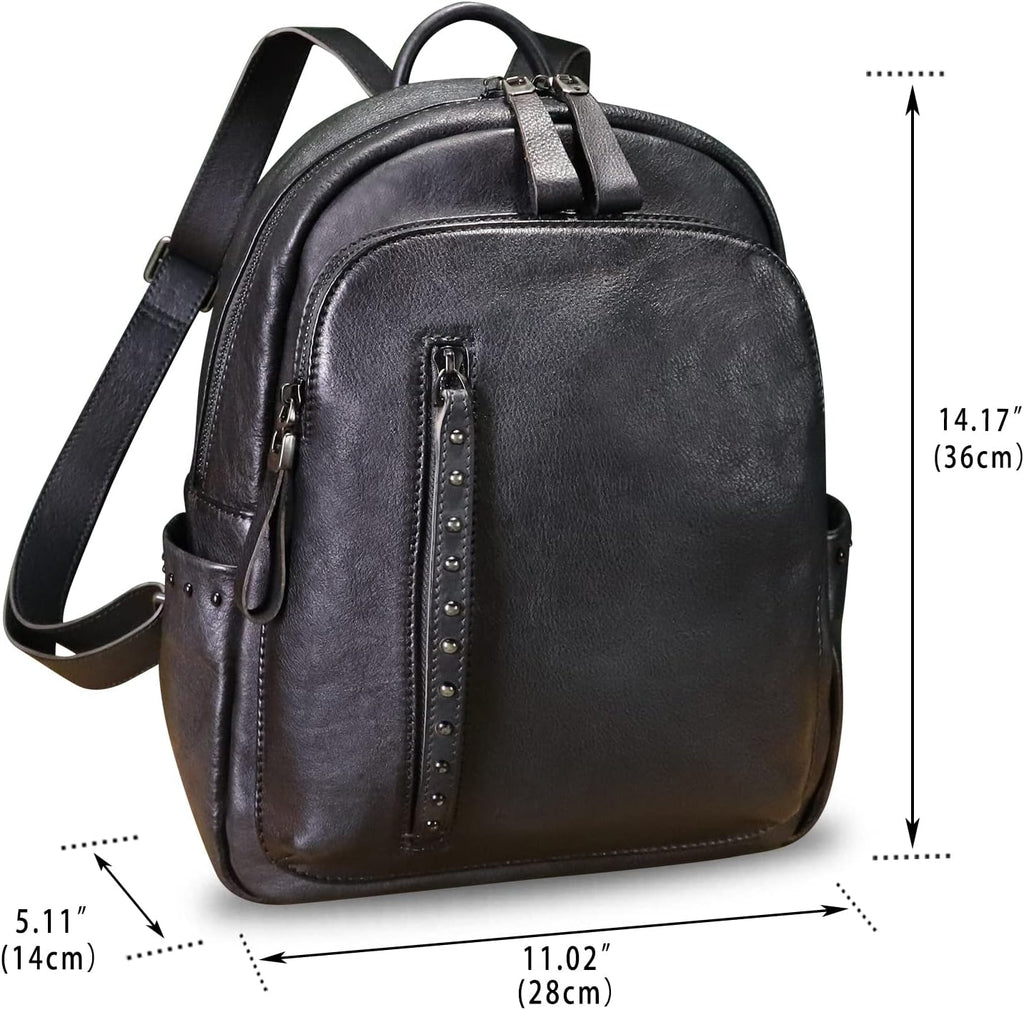 Genuine Leather Backpack Purse for Women Vintage Casual Daypack College Bag Handmade Cowhide Western Rivets Rucksack (Darkgrey)