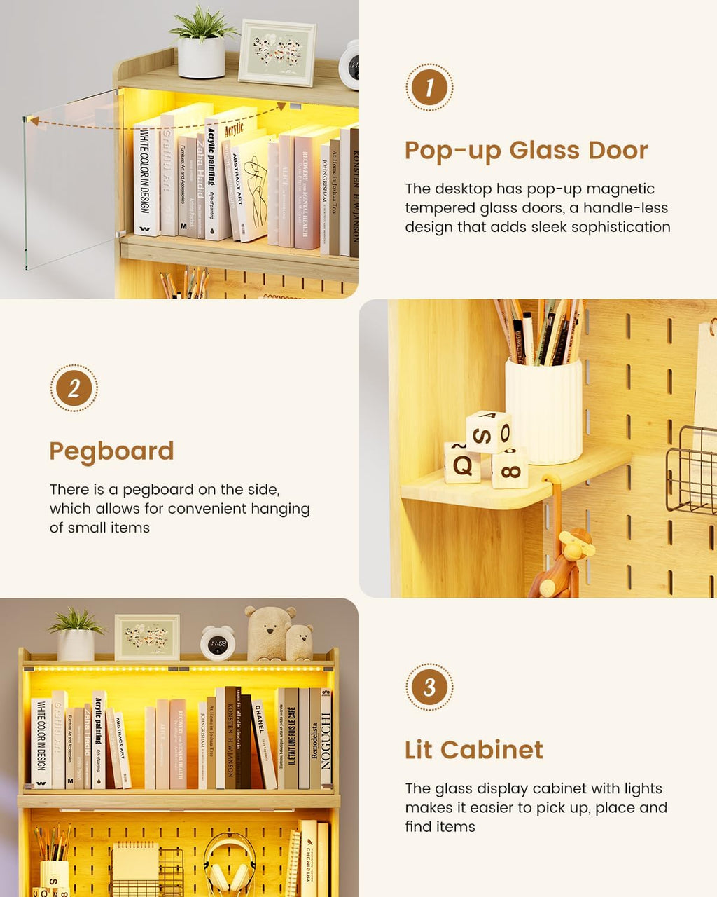 HNEBC Natural Computer Desk - with Power Outlets & Chariging Station,Small Writing Desk with Hutch and Drawers,66.3''H Office Desk with Pull-Out LED Lights,Pop-up Glass Door,Pegboards,Bedroom