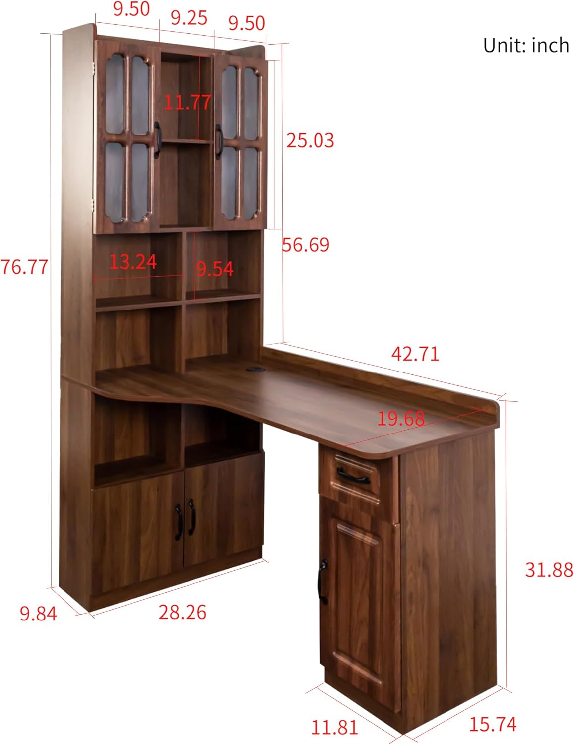 ZeHuoGe L-Shaped Corner Computer Desk for Home Office or Study Desk, Study Modern Style Table with Drawers, Bookshelf & Hutch, 2-in-1 L-Shaped Design, Large Working Space (Walnut)