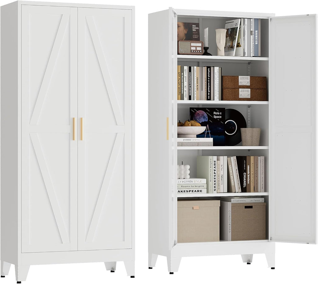 71' Tall Pantry Cabinet, White Metal Pantry Storage Cabinet, Kitchen Pantry Storage Cabinets with 2 Door and 4 Adjustable Shelves (White, 71' H)