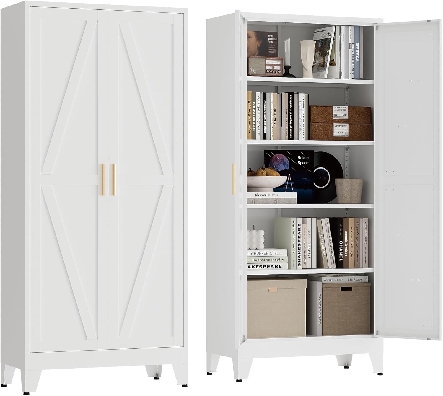 71' Tall Pantry Cabinet, White Metal Pantry Storage Cabinet, Kitchen Pantry Storage Cabinets with 2 Door and 4 Adjustable Shelves (White, 71' H)