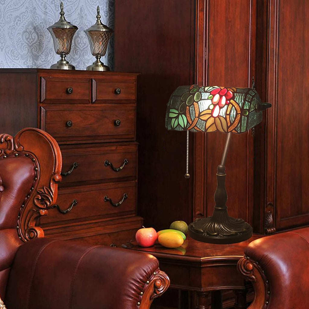 Tiffany Style Bankers Table Lamp Stained Glass Piano Desk Lamp Vintage Bedroom Bedside Lamp for Study,Antique Alloy Base,Zipper Switch,Grape