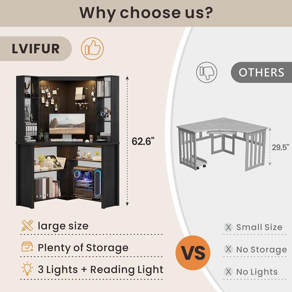 Corner Desk with - LED Reading Light, L-Shaped Computer Desk w/Hutch & Shelves, Home Office Desk w/Charging Station for Work & Study, File Cabinet Storage Bookshelf for Small Space (Black)