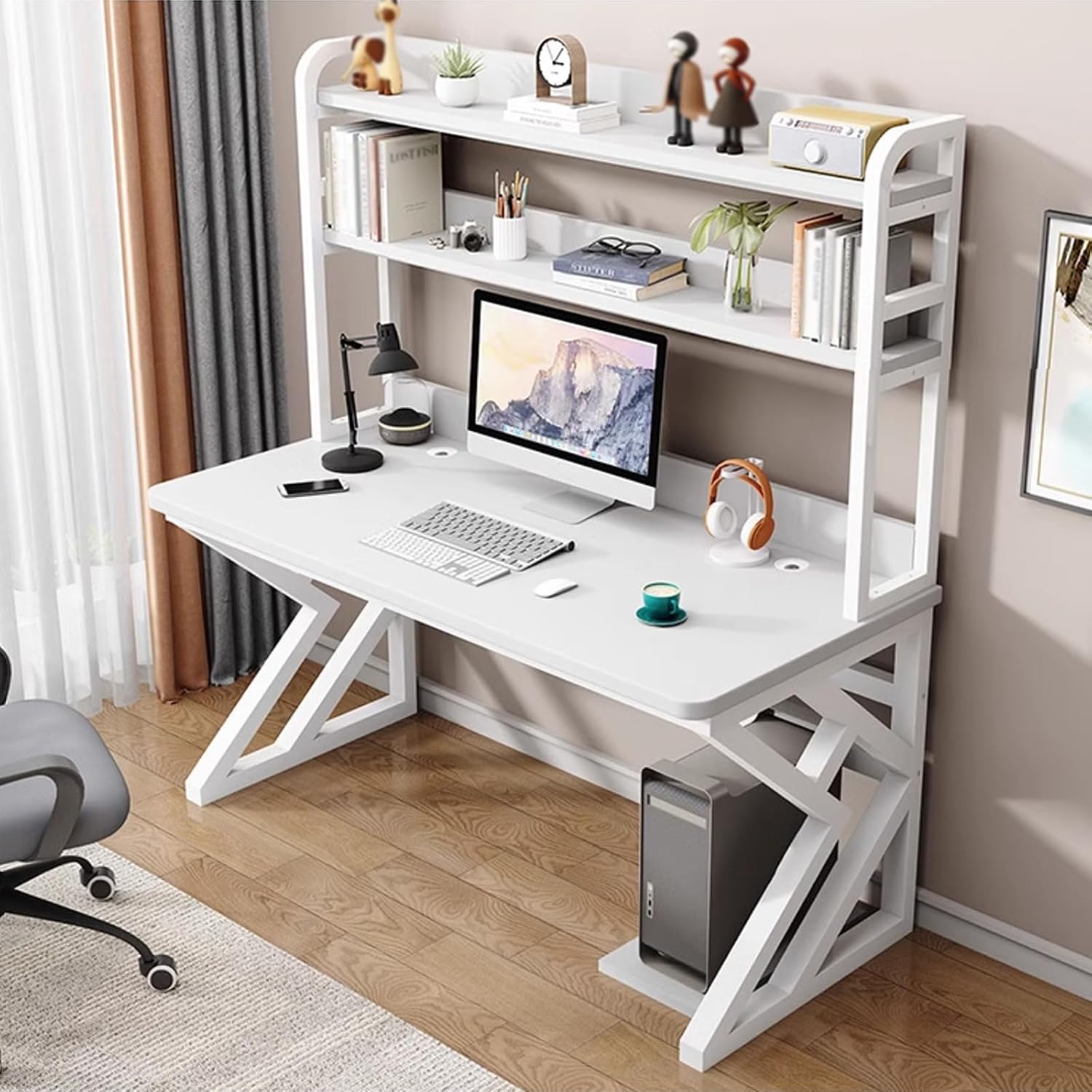 Gaming Desk with Bookshelf Combo, Computer Desk with Pegboard, Large Writing Table with Desktop Shelves, Ample Leg Room, for Home Office (White, 31.4in)