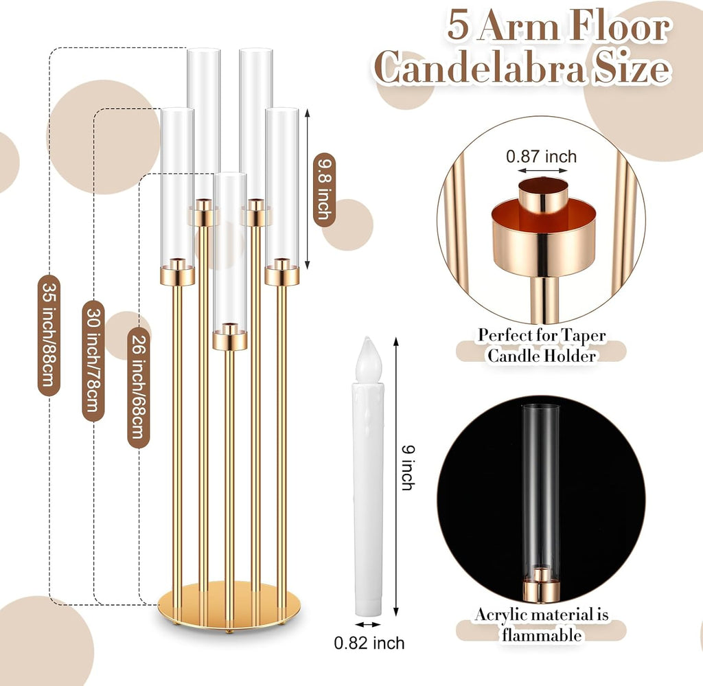 Tandefio 4 Set 5 Arm Gold Candelabra Centerpieces for Table, 35'' Tall Wedding Metal Candlestick Floor Holder Acrylic Clear Lampshades with 20 LED Candles for Wedding Party Event Table Fireplace Decor
