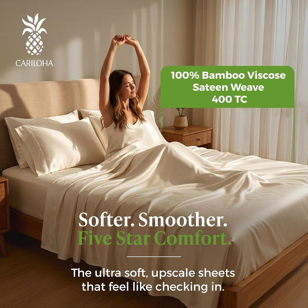 Cariloha Resort 100% Organic Bamboo Viscose Sheets - 4-Piece Queen Sheet Set - 18 in Extra Deep Pockets - Sateen Weave, Cooling, Hypoallergenic Luxury Sheets - Oeko-TEX Standard 100 - Coconut Milk