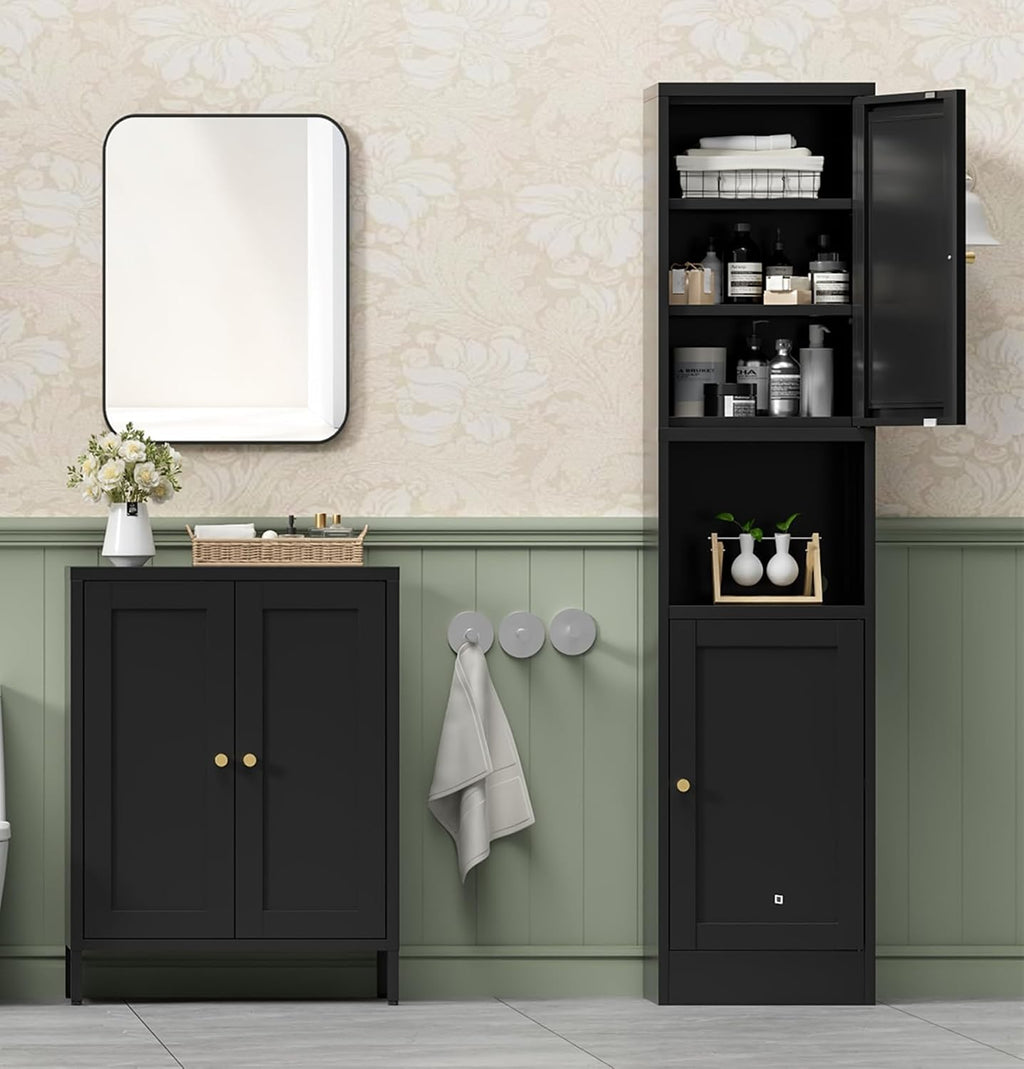 Bevivog Metal Bathroom Storage Cabinet Freestanding, 67' Tall Narrow Pantry Cabinet with Shelves for Kitchen, Skinny Metal Pantry with Hutch, 16' Wide Slim Cabinet for Small Spaces