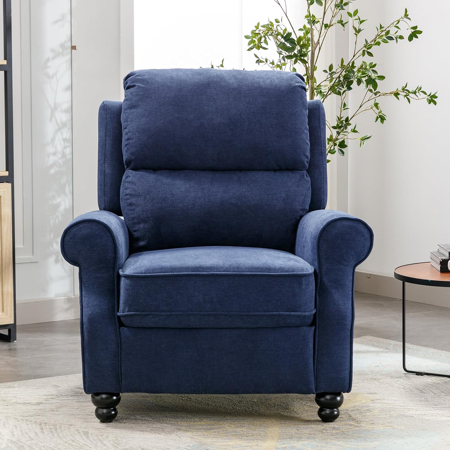 IOMOR Push Back Recliner Chair, Fabric Armchair Overstuffed Pushback Recliner, Heavy Duty Single Sofa Chair with Padded Seat Solid Wood Legs for Living Room (Blue)