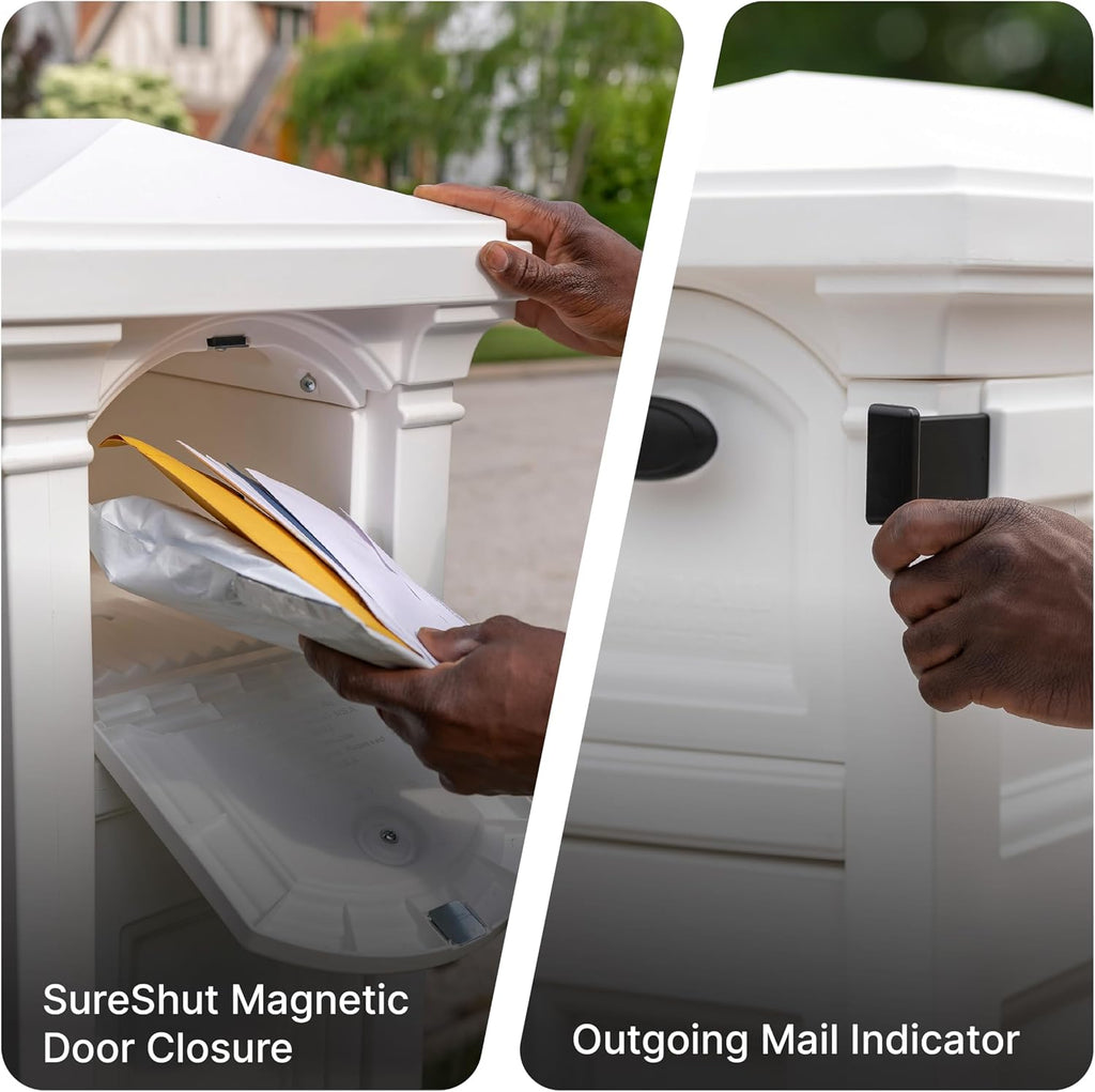 Step2 Atherton Reserve Storage Mailbox & Post, Extra Storage, Weather Resistant, Large Outdoor Mailboxes, Made of Durable Plastic, Easy to Install, Flag Included, Classic White