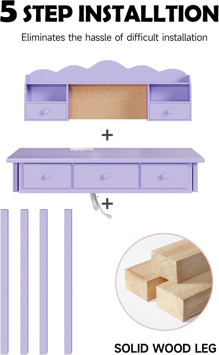 FUNKOCO Home Office Furniture Writing Desk, 36 Inch Computer Work Station with Detachable Hutch for Small Place, 5 Drawers(Purple)