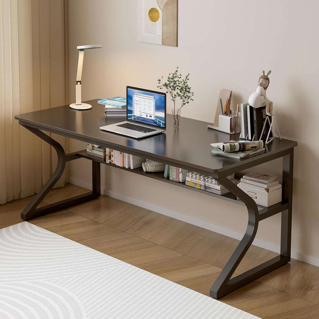 OSCHF Extra Long Desk with Bookshelf - 55' Double Long Writing Table for 2-Person Workstation, Modern Study Work Computer Desk for Home and Office, Black