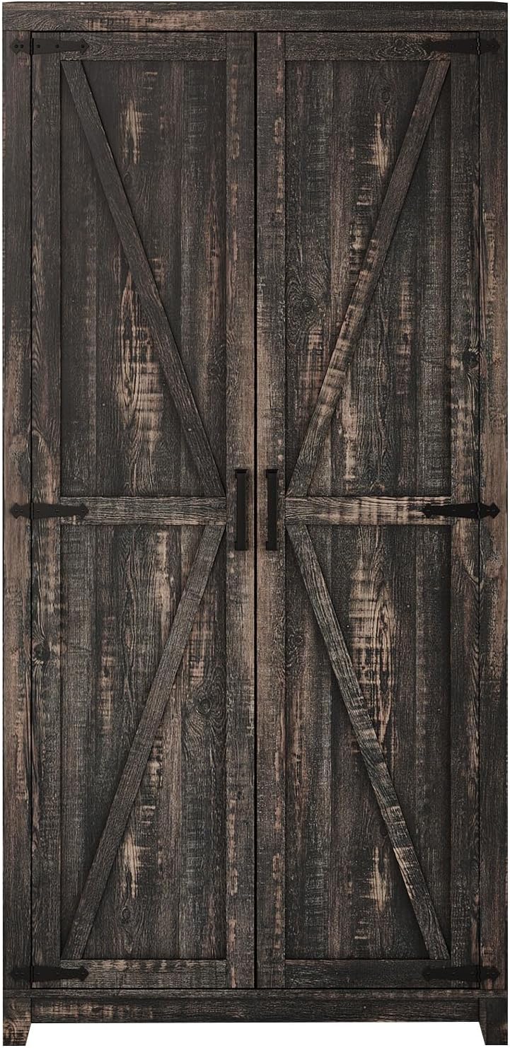LUXOAK 70' Large Armoire Wardrobe Closet with Hanging Rod, Farmhouse Clothing Storage Cabinet with 2 Barn Doors, Wooden Tall Bedroom Armoires with Shelf, Dark Oak Wood