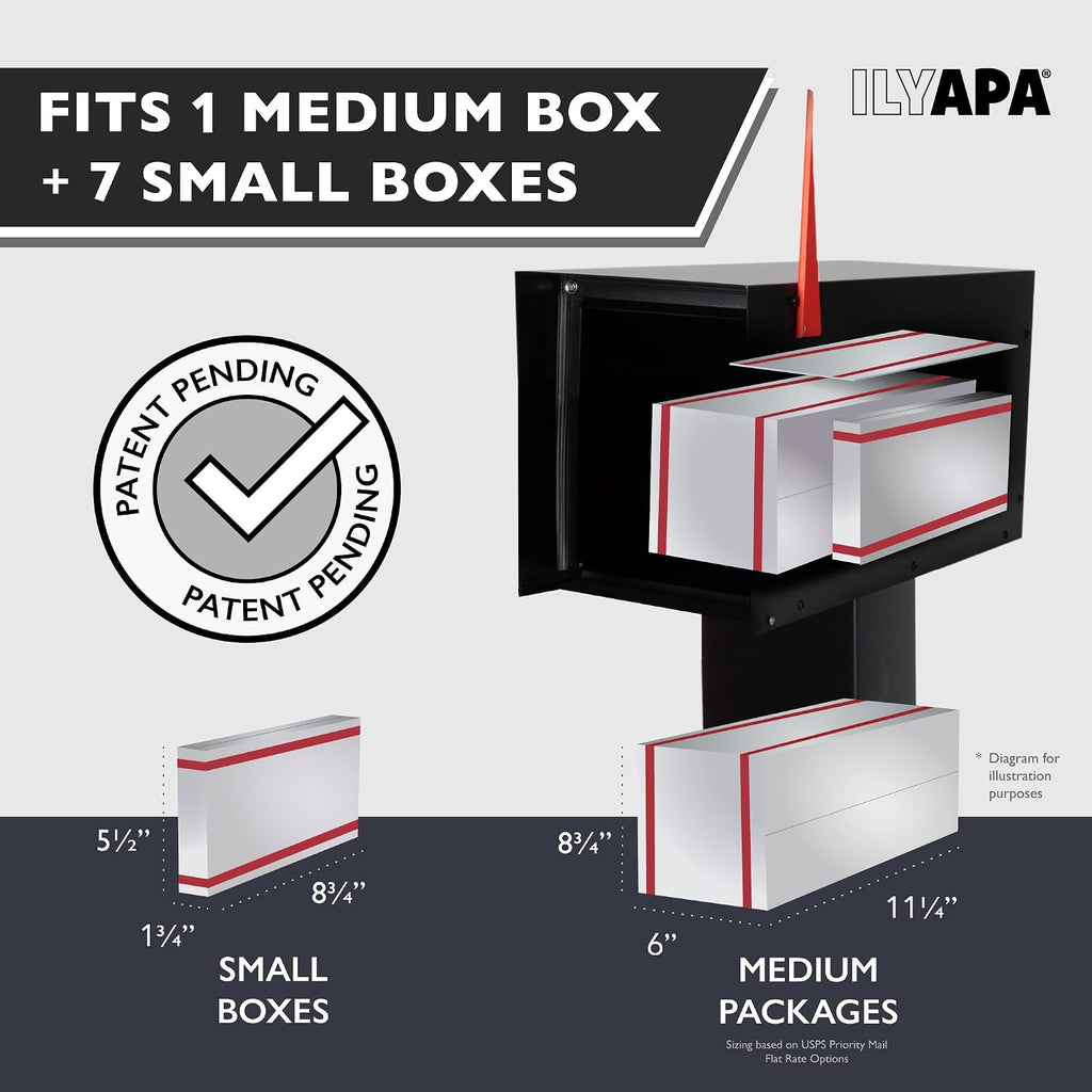 Ilyapa Modern Angle Design Post Mount Modern Mailbox - Black Exterior Powder Coated Steel, All Weather & Corrosion Resistant, Stainless Steel Hinges