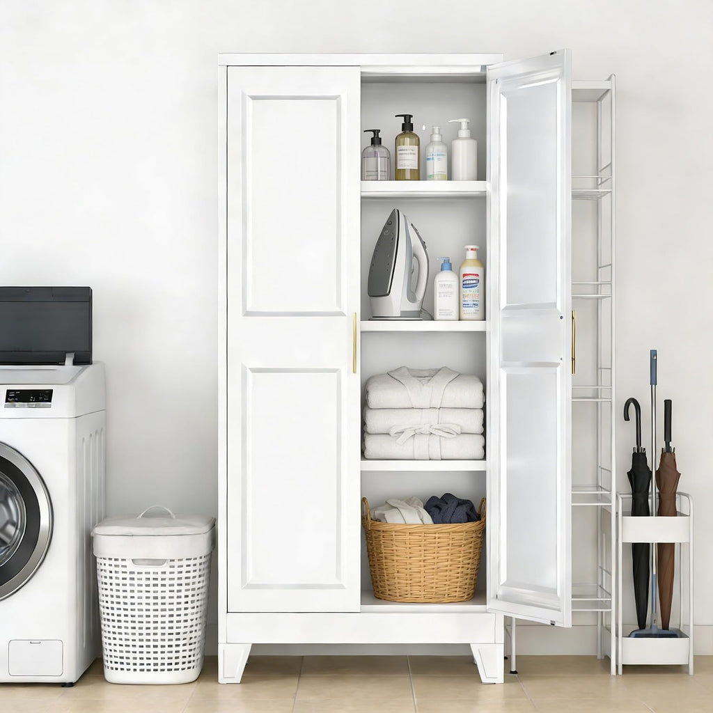 61.4' H Metal Pantry Cabinet with 4 Adjustable Shelves, White Kitchen Pantry Cabinet with 2 Doors, Freestanding Food Cabinet for Kitchen,Home,Required Assembly