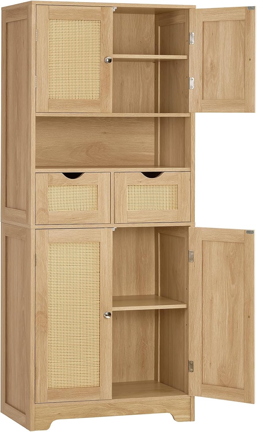 Iwell Tall Storage Cabinet with 2 Drawers & Adjustable Shelves, Rattan Cabinet, Kitchen Storage Cabinet, Pantry Cabinet with 4 Doors, Tall Cabinet for Living Room, Kitchen, Home Office, Natural
