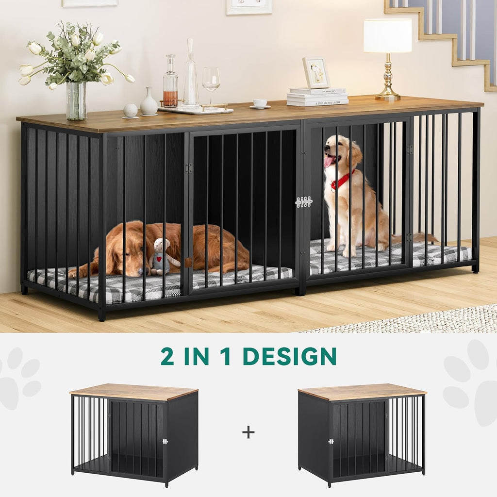 YITAHOME Double Dog Crate Furniture, 80.2 inch Large Breed Dog Kennel with Divider, Heavy Duty Dog House TV Stand Indoor for 2 Medium Dogs, Black