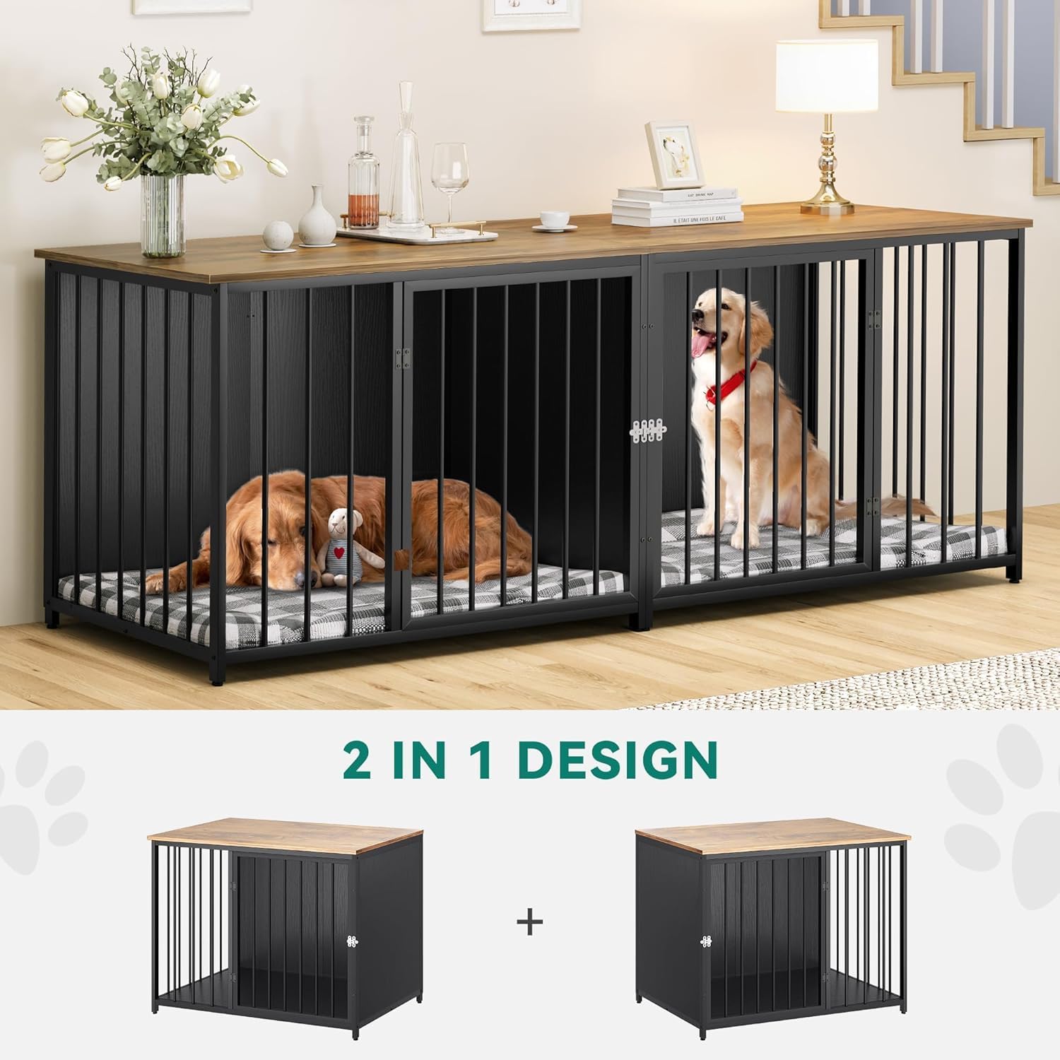 YITAHOME Double Dog Crate Furniture, 80.2 inch Large Breed Dog Kennel with Divider, Heavy Duty Dog House TV Stand Indoor for 2 Medium Dogs, Black
