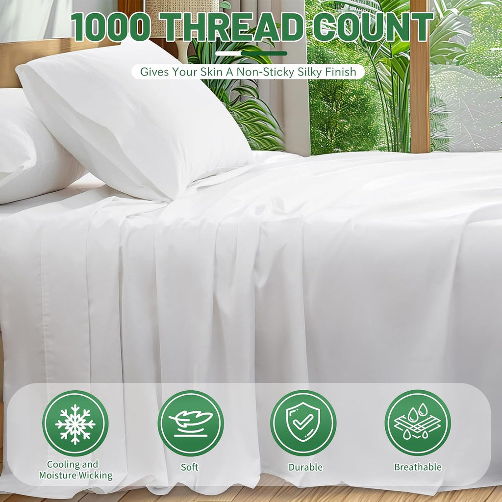 100% Egyptian Cotton Sheets Cal King Sheet Set 4PCS 1000 Thread Count Sateen Weave Soft Breathable 16-Inch Deep Pocket（California King,White）