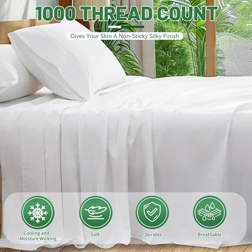 100% Egyptian Cotton Sheets Cal King Sheet Set 4PCS 1000 Thread Count Sateen Weave Soft Breathable 16-Inch Deep Pocket（California King,White）