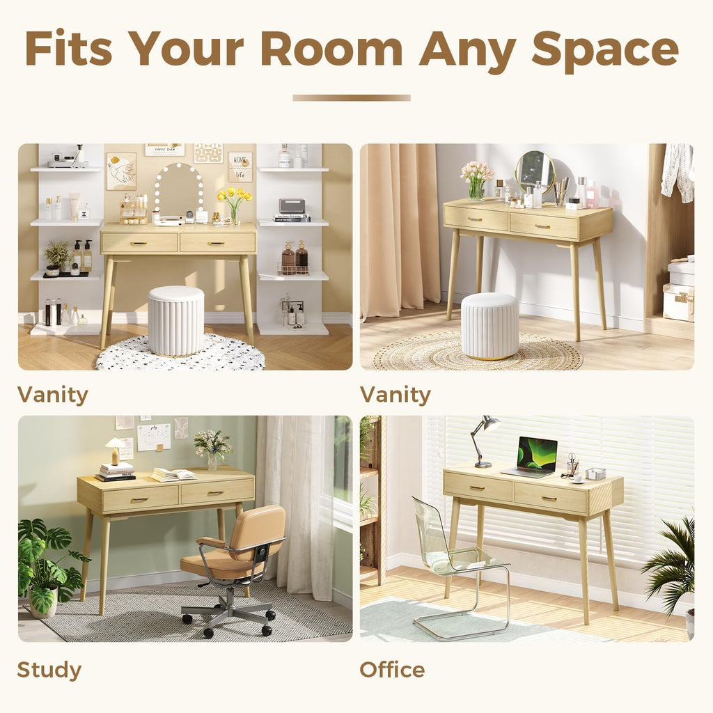 FUNKOCO Small Wood Desk with Drawers - 40 Inch Home Office Study Writing Desk for Bedroom, Vanity Desk with 4 Solid Legs, Modern Computer Desk for Small Spaces