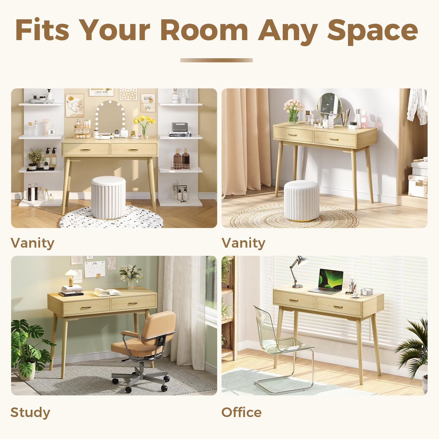 FUNKOCO Small Wood Desk with Drawers - 40 Inch Home Office Study Writing Desk for Bedroom, Vanity Desk with 4 Solid Legs, Modern Computer Desk for Small Spaces