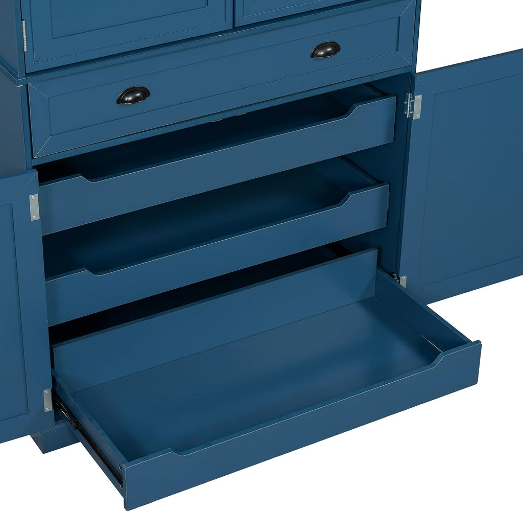 Freestanding 4 Doors Kitchen Pantry, Wood Kitchen Cupboard Storage Cabinet with 6 Door Shelves, Drawer and 3 Pull-Out Trays for Dining Room (Blue-4.14)