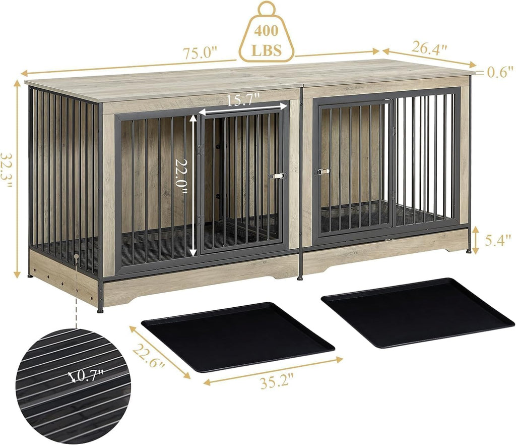 Rovibek 75' Double Dog Crate Furniture for 2 Large Dogs, Heavy Duty Furniture Style Dog Kennel End Table, Wood Crates for Dogs Kennel Indoor Double Door, Grey
