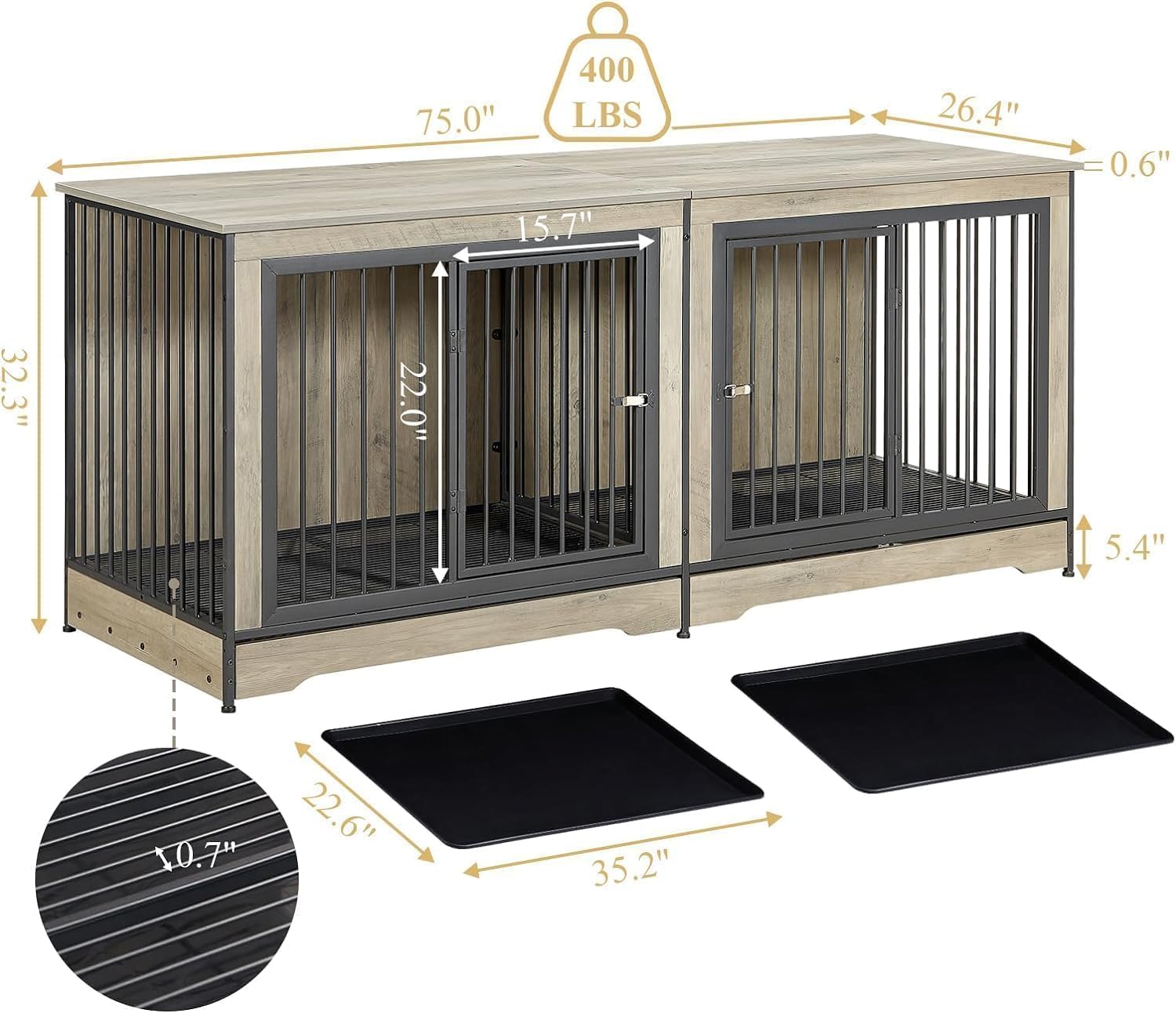 Rovibek 75' Double Dog Crate Furniture for 2 Large Dogs, Heavy Duty Furniture Style Dog Kennel End Table, Wood Crates for Dogs Kennel Indoor Double Door, Grey