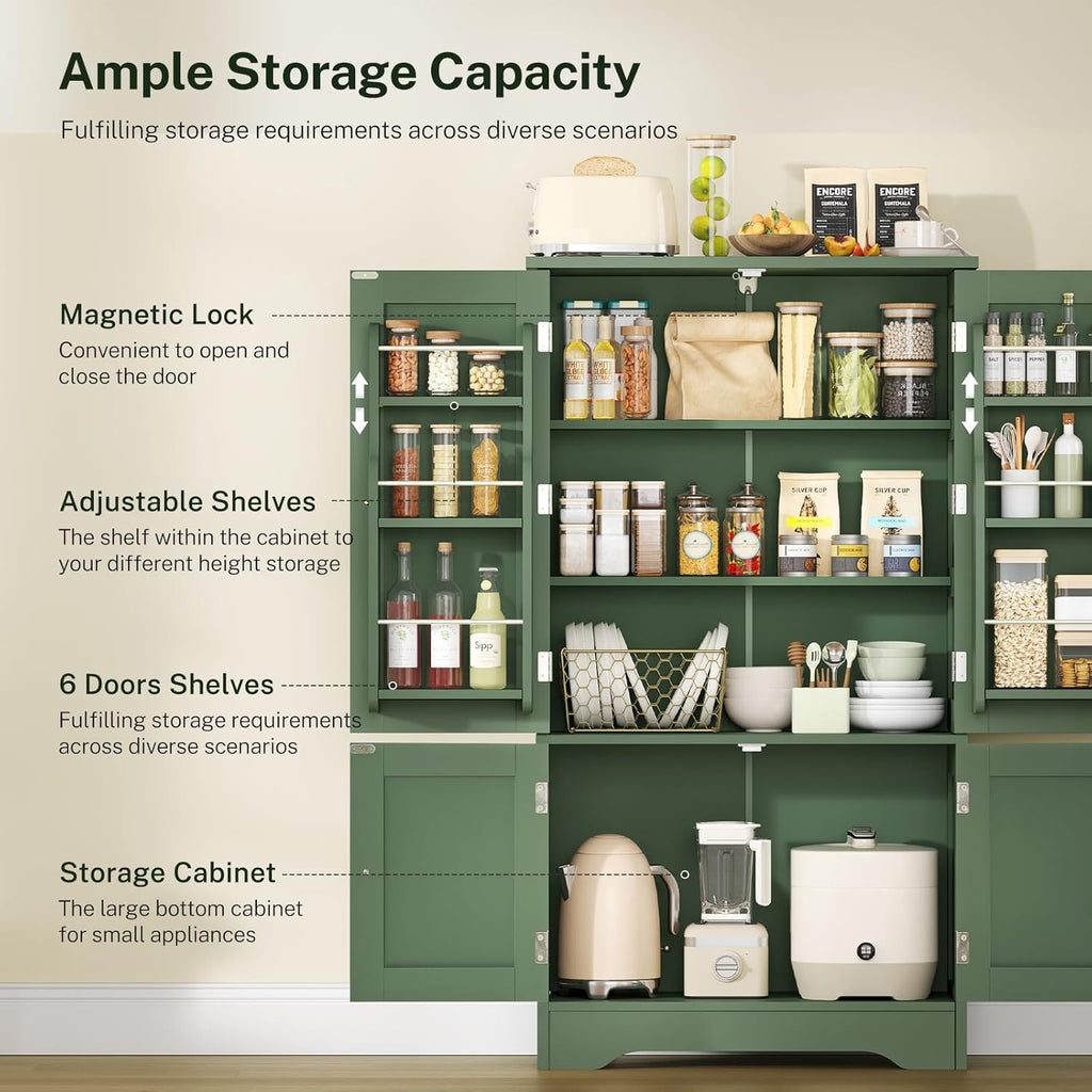 TEENFON 43' H Storage Cabinet with 4 Doors, Kitchen Cabinet with 6 Door Shelves, Kitchen Pantry Cabinets for Living Room, Dining Room, Bathroom, Forest Green