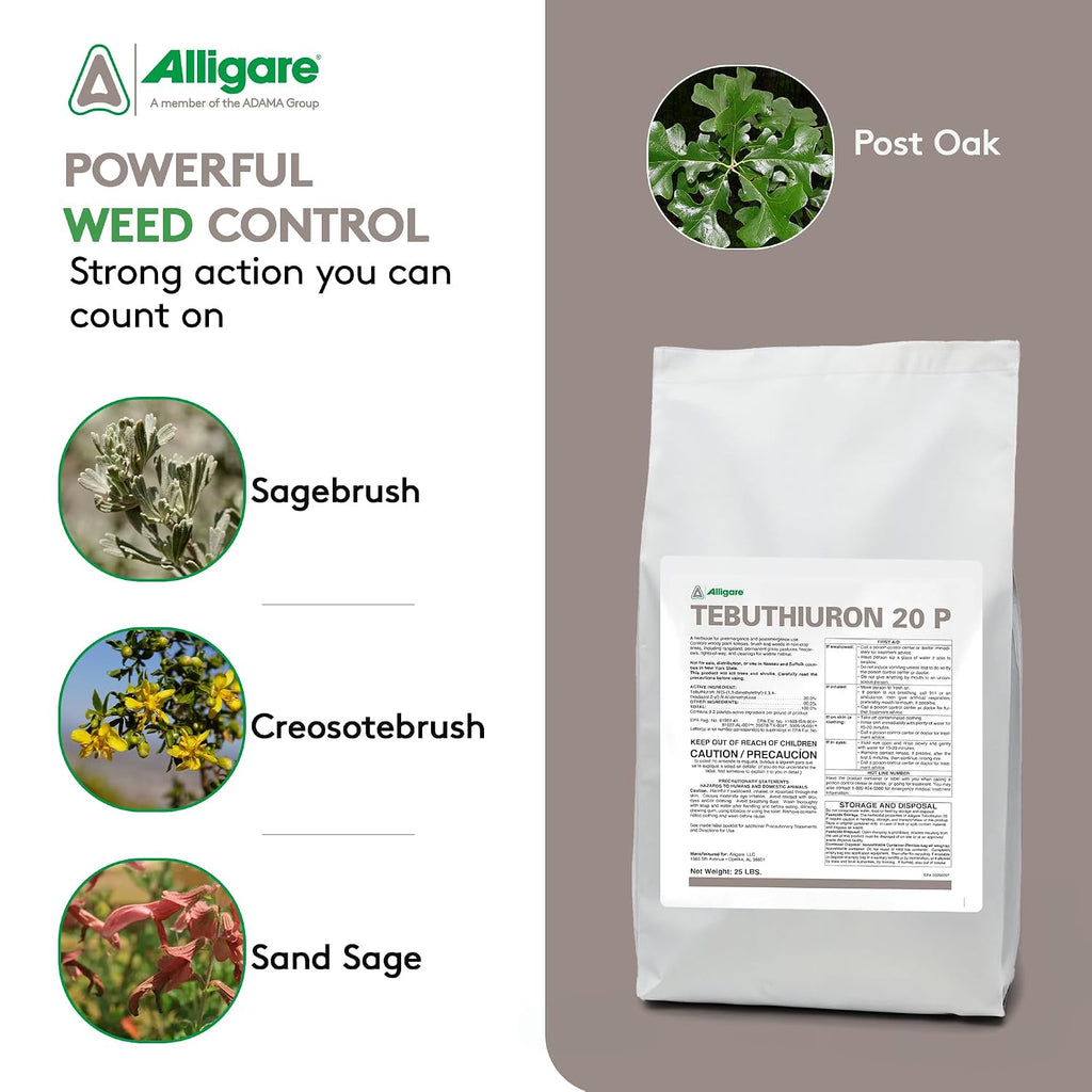 Alligare Tebuthiuron 20P Herbicide Weed Killer for Rangeland, Pastures, and Wildlife Habitats - Pre & Post-Emergence Brush Killer - Long-Lasting, Selective Control of Woody Plants - 25 lb