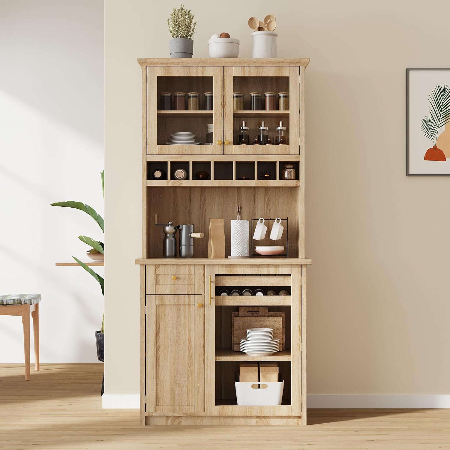 Modern 74.8 inch Tall Kitchen Pantry, Freestanding Buffet with Hutch, Kitchen Pantry Storage Cabinet with Wine Rack and Adjustable Shelves for Dining Room (Natural//1)