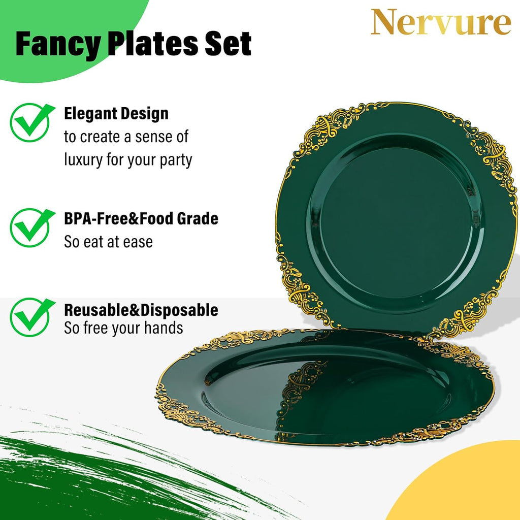 Nervure 175PCS Green Plastic Plates - Disposable Green Gold Party Plates & Pre Rolled Napkins with Cutlery for 25 Guests, 50Plates, 75Silverware, 25Cups, 25Napkin for Wedding & Party (Pack of 2)