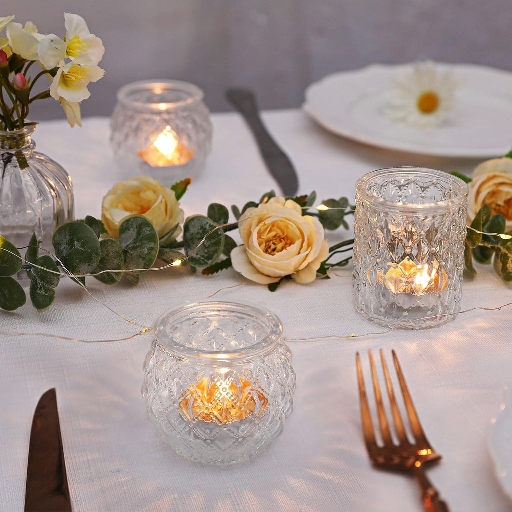 DARJEN Clear Votive Candle Holders Set of 24- Round Glass Candle Holders Bulk for Tea Light Candle, Embossed Candle Votives for Wedding Centerpiece, Various Parties & Home Decor (Pack of 4)