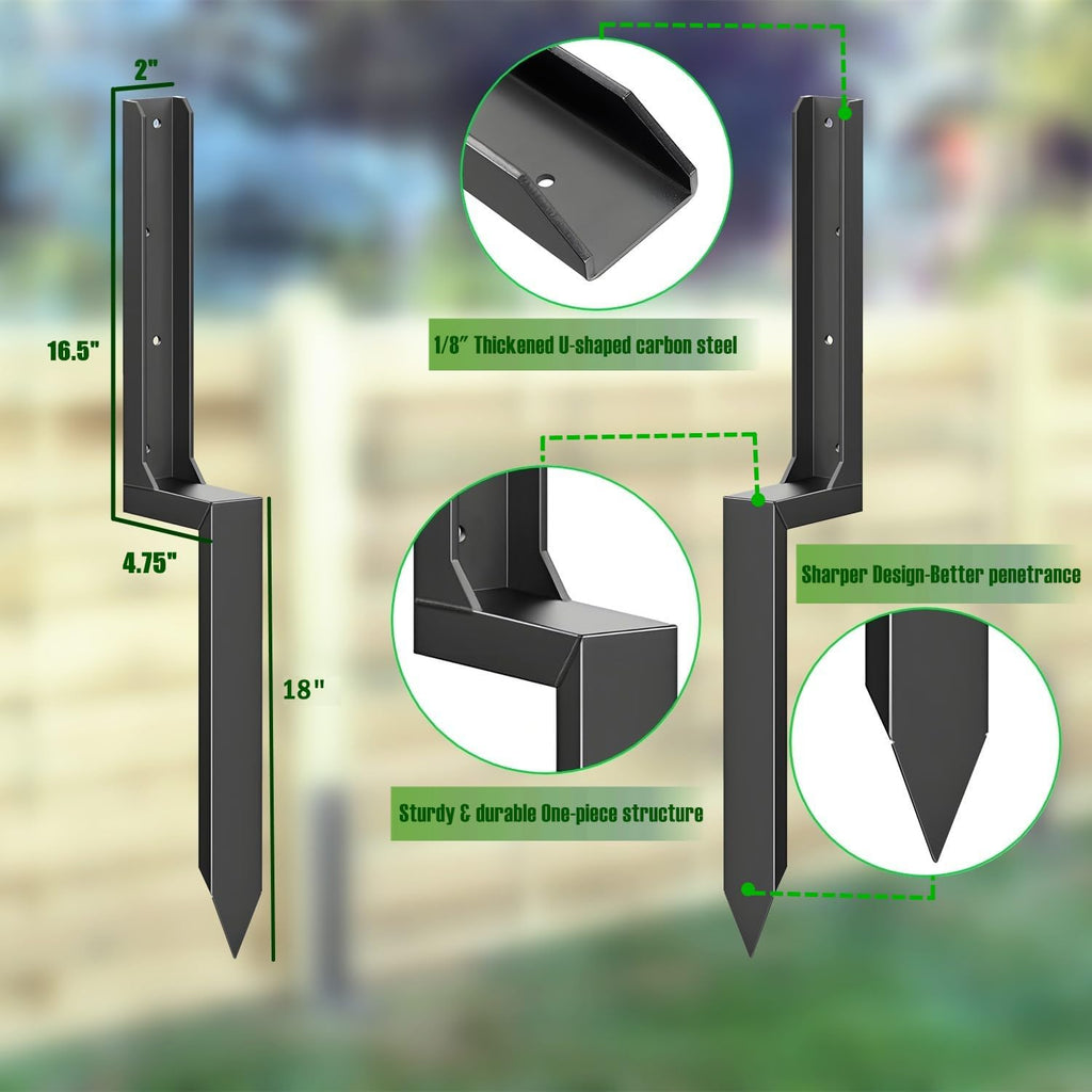 Fence Post Repair Stakes Kit – 1/8' Thickened Carbon Steel One-Piece Structure, Heavy Duty Ground Anchor Stake for Repairing or Reinforcing Broken/Leaning Privacy Fence & Mailbox Post, Black, 4-Pack