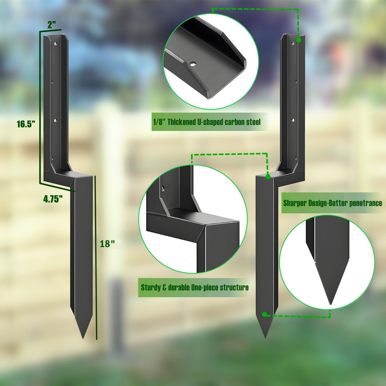 Fence Post Repair Stakes Kit – 1/8' Thickened Carbon Steel One-Piece Structure, Heavy Duty Ground Anchor Stake for Repairing or Reinforcing Broken/Leaning Privacy Fence & Mailbox Post, Black, 4-Pack