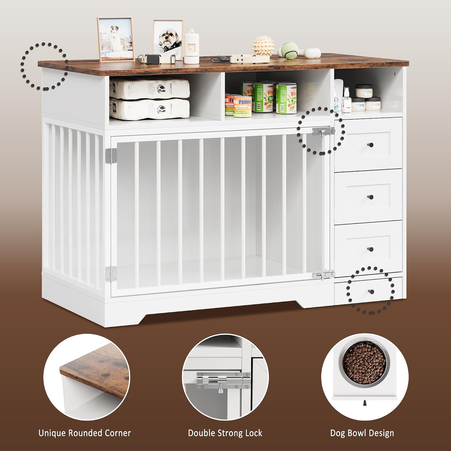 GarveeLife 48'' Dog Crate Furniture, Farmhouse Heavy Duty Dog Kennel with Bowl & Storage Drawers, Medium Dog Cage End Table for Small Medium Dogs, White