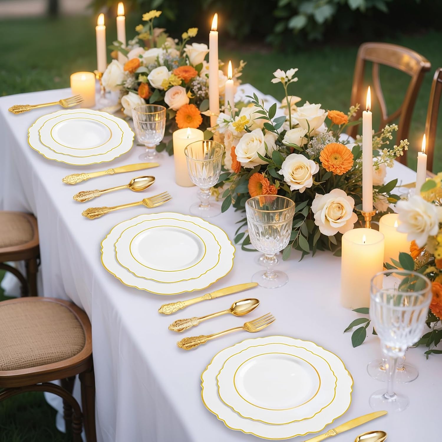 Liacere 700PCS Gold Plastic Plates - Baroque Dinnerware Sets for 100 Guests - 200 Disposable Plates（10inch，7inch）, 300 Gold Plastic Silverware, 100 Cups, 100 Napkins for Wedding & Easter Day