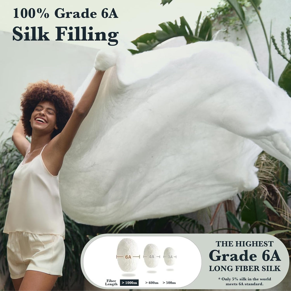 Silk Comforter Queen Size | 100% Mulberry Silk Fill with Organic Bamboo Viscose Shell | Summer Cooling Blanket for Hot Sleepers, Lightweight Breathable All-Season Bedding (Cream, 90'x90')