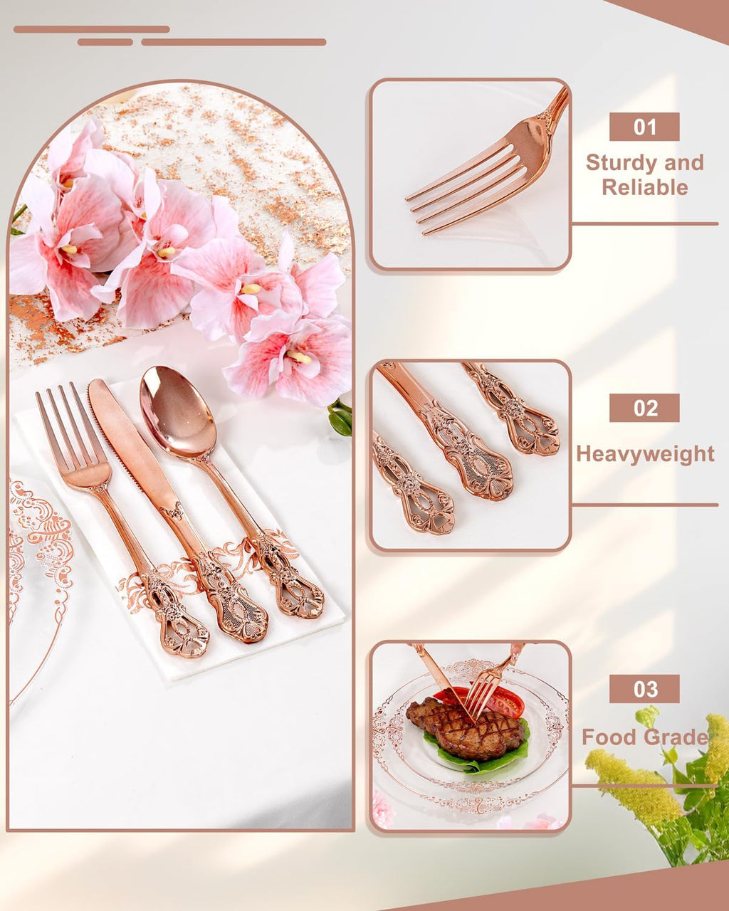 YOUBET 700PCS Rose Gold Plastic Plates - Clear Rose Gold Plastic Dinnerware Set Include 200 Disposable Plate, 300 Heavy Duty Silverware, 100 Cups, 100 Napkins for Wedding & Party & Baby Shower