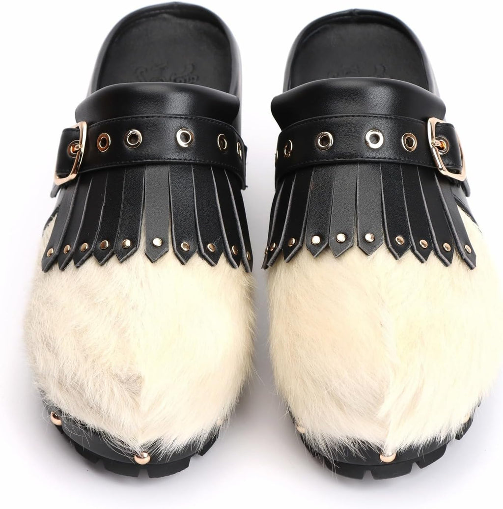 XOBZJH Women's Cowhide Platform Clogs – Calf Hair & Leather Patchwork Mules with Rivets, Arch Support, Memory Foam Insole, Chunky Western Mules for All-Day Comfort
