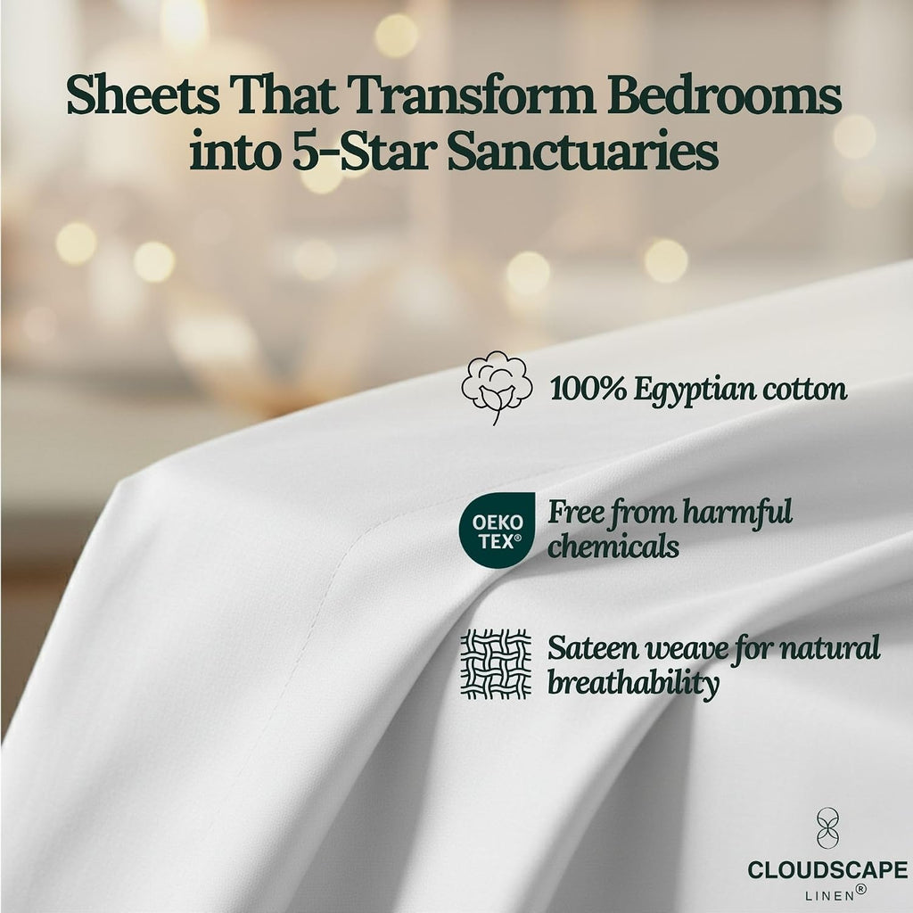 CLOUDSCAPE 100% Egyptian Cotton Sheets Twin XL Size, 3 Pcs Breathable and Naturally Cooling Bedding Set, Long-Staple Cotton for Lasting Softness, Deep Pocket Fitted up to 16', White