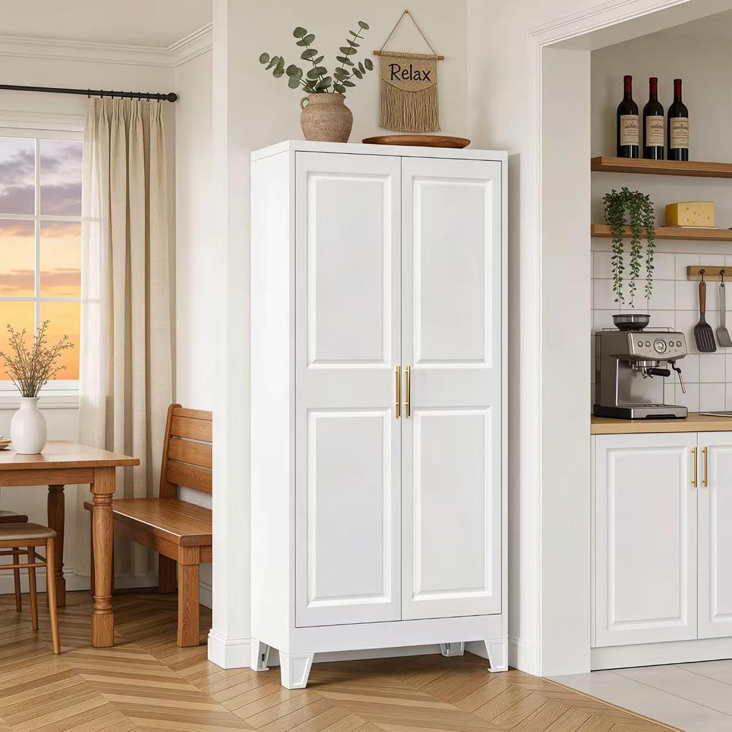 Metal Kitchen Pantry Cabinet with Adjustable Shelf, Pantry Cabinet with Doors, Freestanding Floor Cabinet for Kitchen, Home, Required Assembly, White