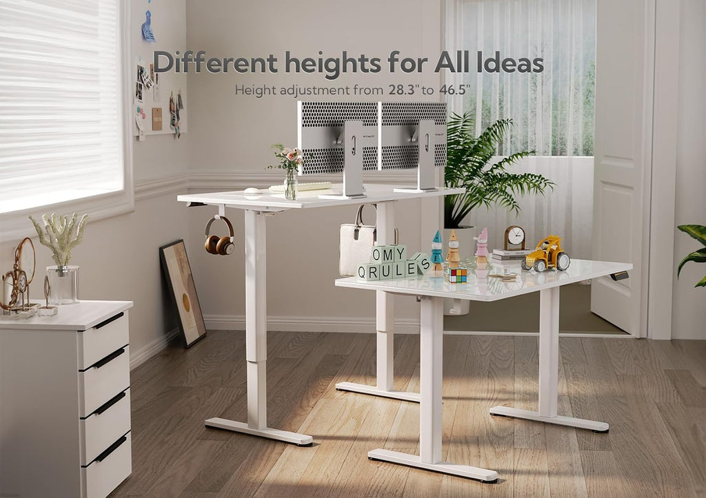 Claiks Small Glass Standing Desk, 35x20 Inch Electric Standing Desk Adjustable Height Quick Install for Computer Workstations, Super White