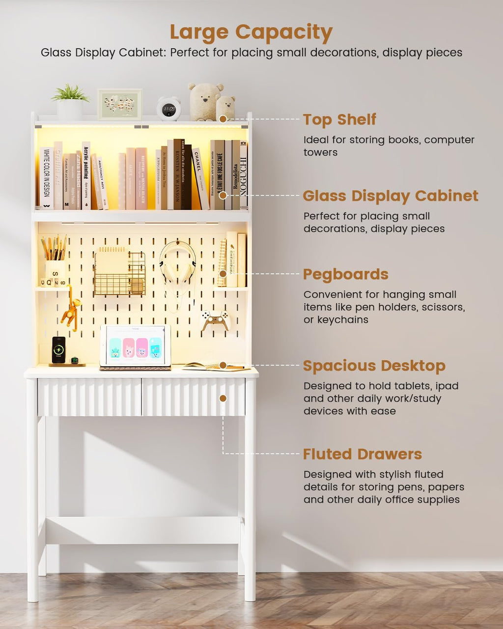 HNEBC White Computer Desk - with Power Outlets & Chariging Station,Small Writing Desk with Hutch and Drawers,66.3''H Office Desk with Pull-Out LED Lights,Pop-up Glass Door,Pegboards,Bedroom