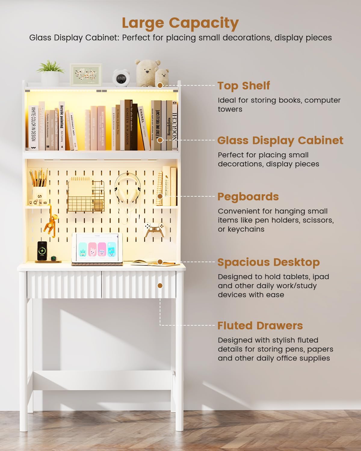 HNEBC White Computer Desk - with Power Outlets & Chariging Station,Small Writing Desk with Hutch and Drawers,66.3''H Office Desk with Pull-Out LED Lights,Pop-up Glass Door,Pegboards,Bedroom